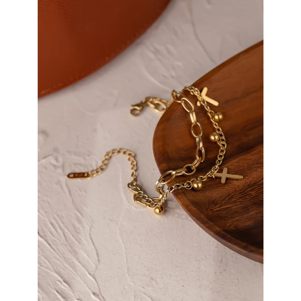 Cross Layered Bracelet - 14K Gold Plated Stainless Steel Charm Jewelry for Women