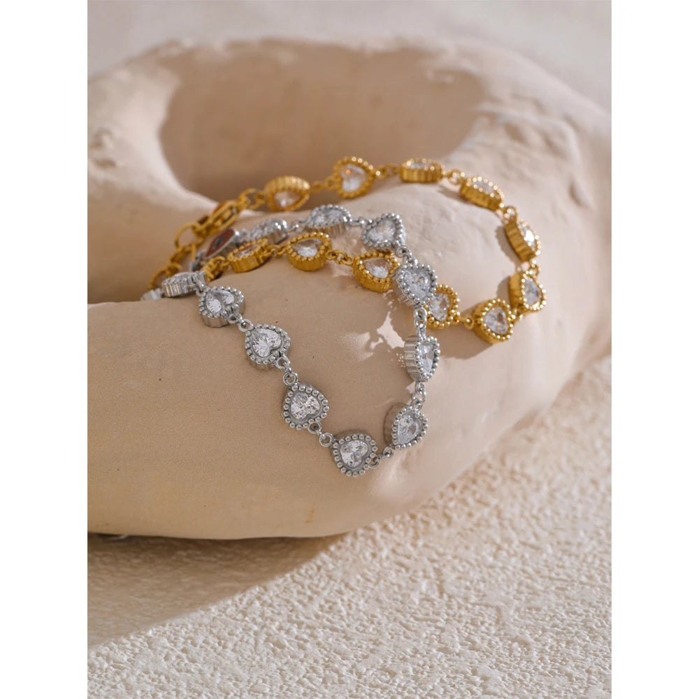 Heart Cubic Zirconia Waterproof Bracelet - Stainless Steel Charm Bangle