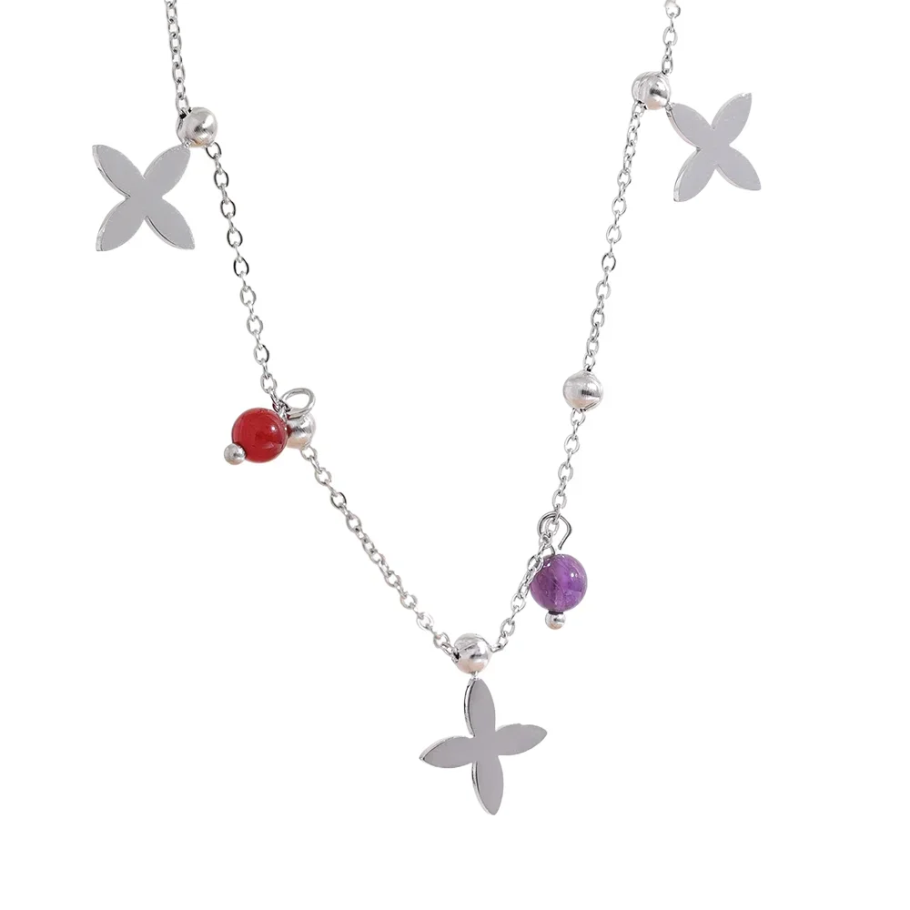 Natural Stone Flower Necklace - Waterproof Gold Plated Stainless Steel Chain for Women