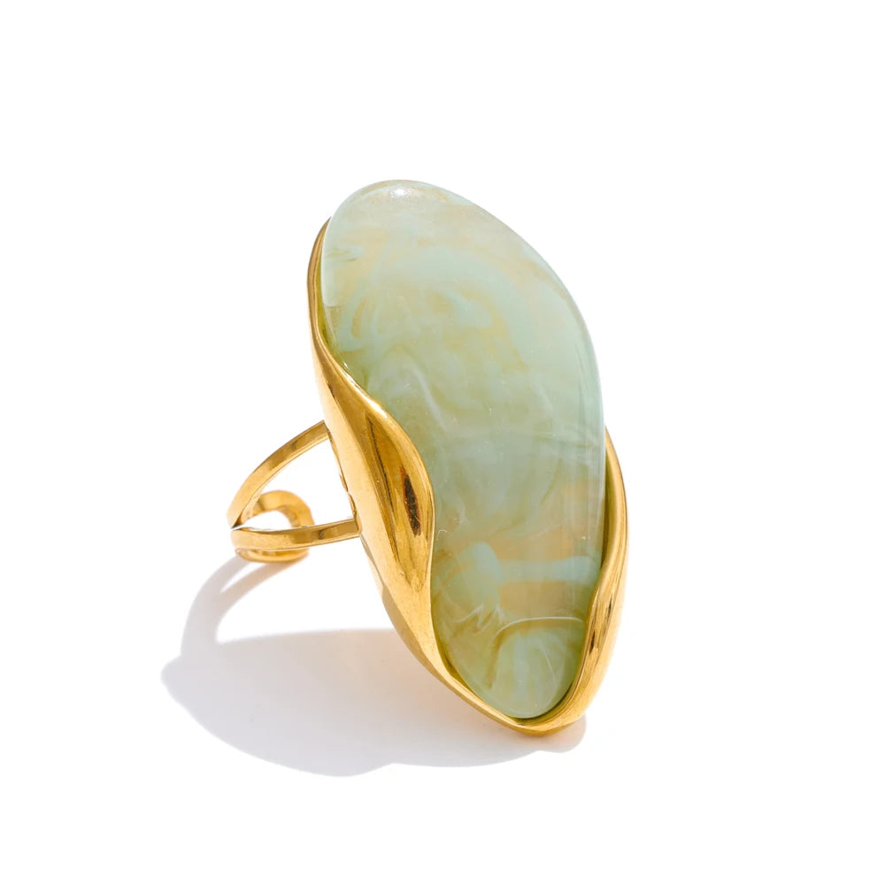 Geometric Resin Ring - Adjustable Brown Green Gold Plated Stainless Steel