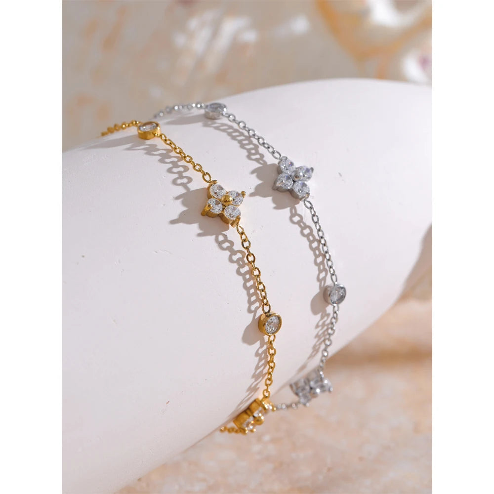 Delicate Cubic Zirconia Flower Chain Bracelet - Rust Proof Stainless Steel