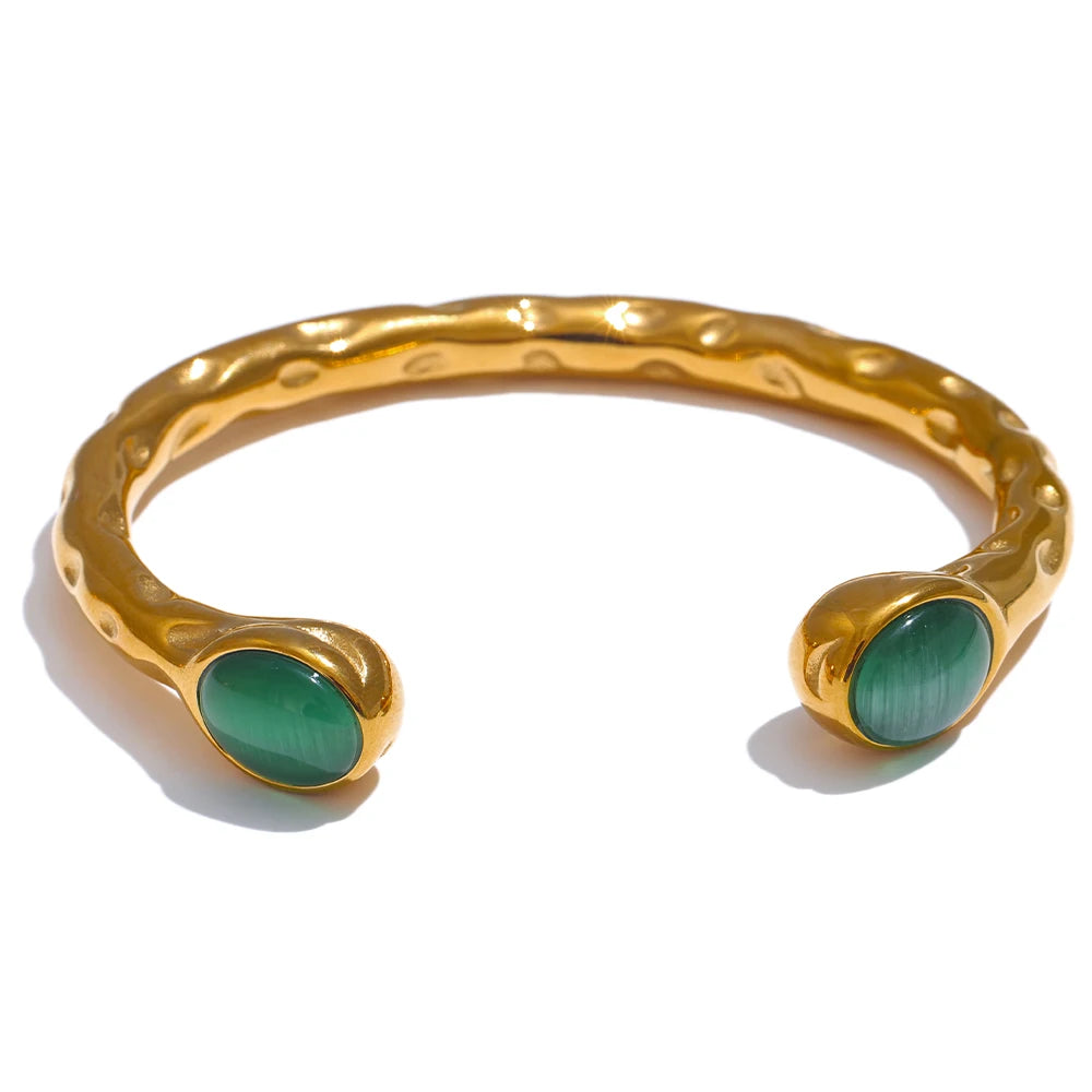 Natural Stone Golden Cuff Bracelet - Multicolored Open Bangle for Women