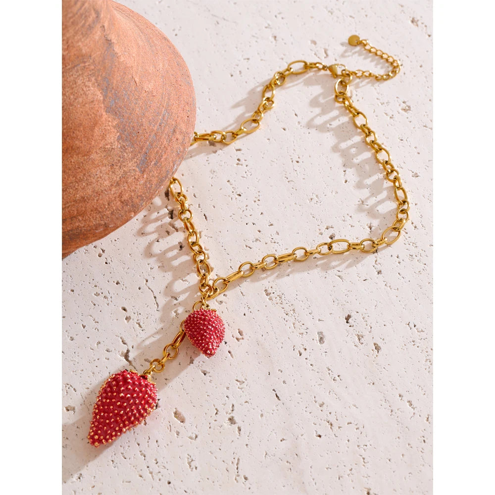 Sweet Strawberry Charm Necklace - Waterproof Gold Plated Pendant for Women