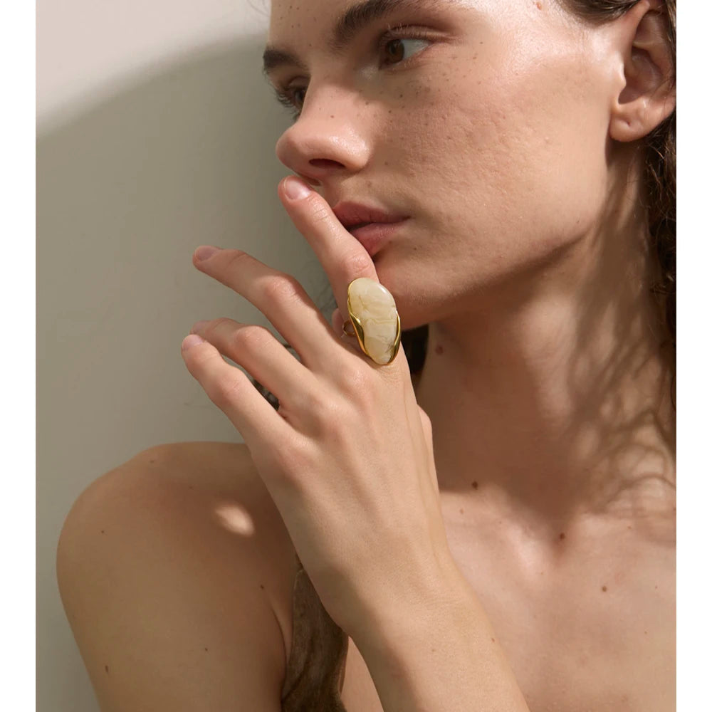 Geometric Resin Ring - Adjustable Brown Green Gold Plated Stainless Steel
