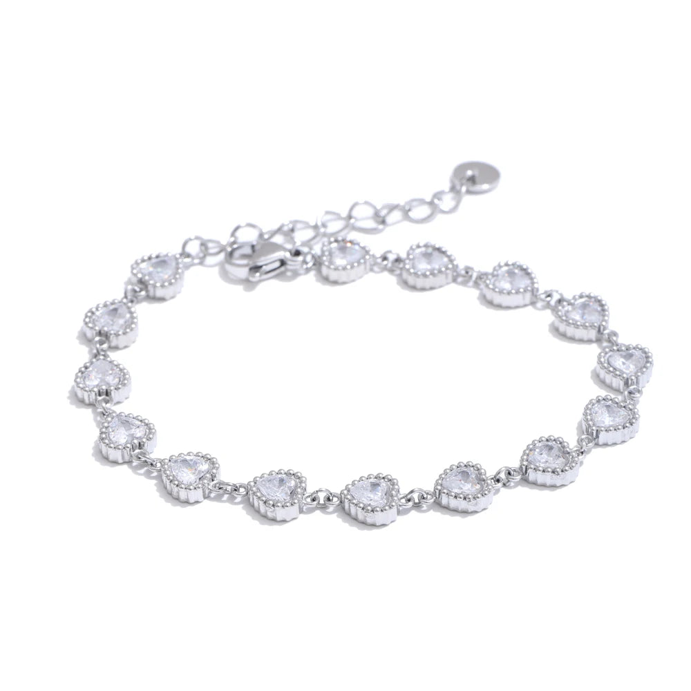Heart Cubic Zirconia Waterproof Bracelet - Stainless Steel Charm Bangle