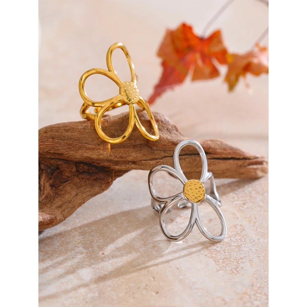 Metal Flower Adjustable Ring - Stainless Steel Rust Proof Fashion Ring