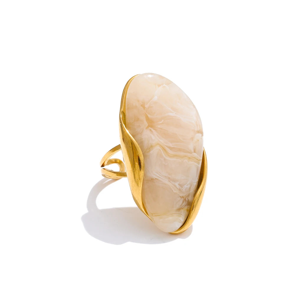 Geometric Resin Ring - Adjustable Brown Green Gold Plated Stainless Steel