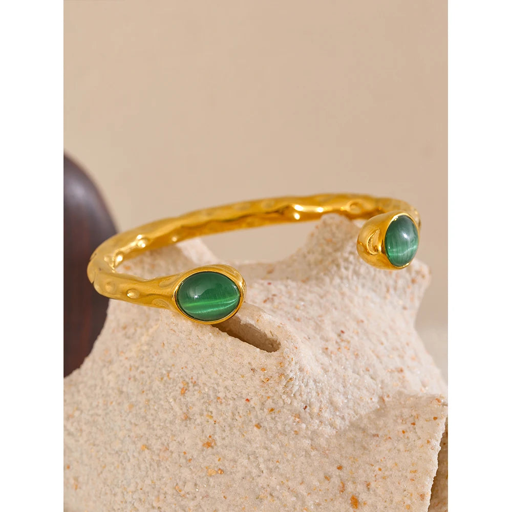 Natural Stone Golden Cuff Bracelet - Multicolored Open Bangle for Women