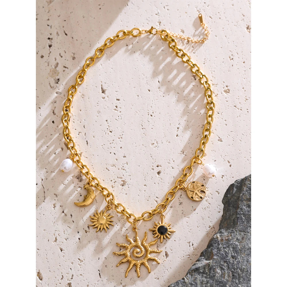 Starfish Moon Sun Pendant Necklace - Statement Golden Chain PVD Plated