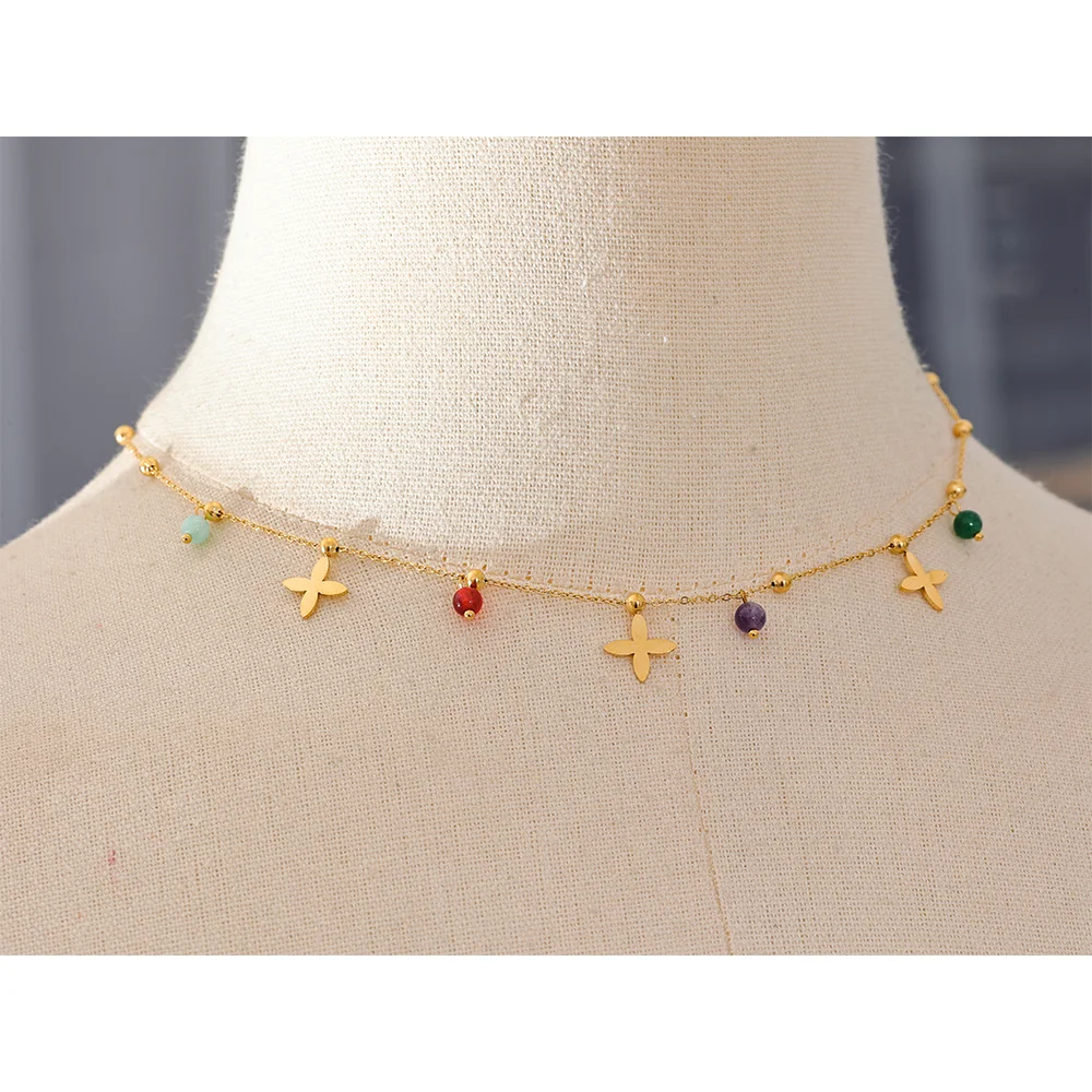 Natural Stone Flower Necklace - Waterproof Gold Plated Stainless Steel Chain for Women