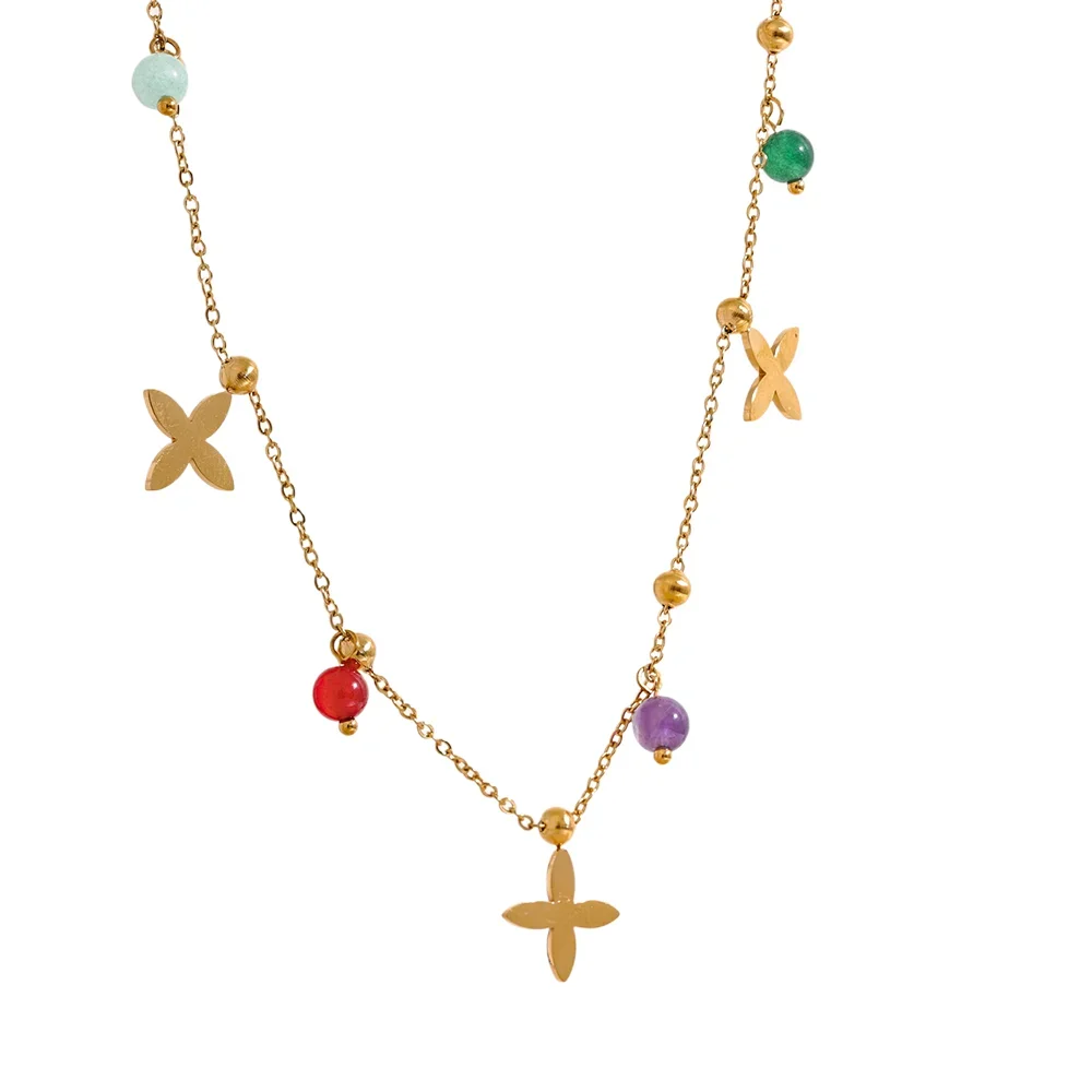 Natural Stone Flower Necklace - Waterproof Gold Plated Stainless Steel Chain for Women