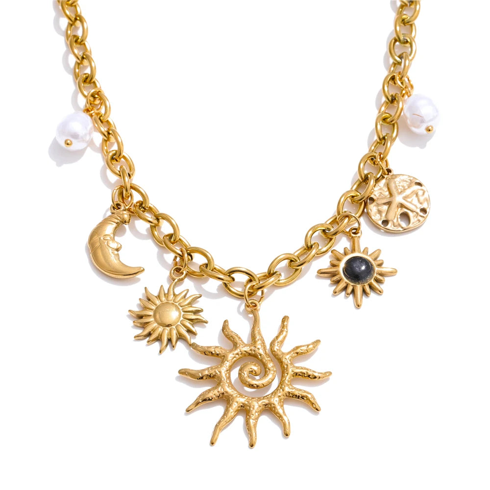 Starfish Moon Sun Pendant Necklace - Statement Golden Chain PVD Plated