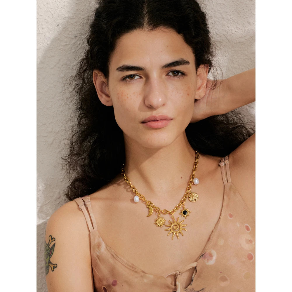 Starfish Moon Sun Pendant Necklace - Statement Golden Chain PVD Plated