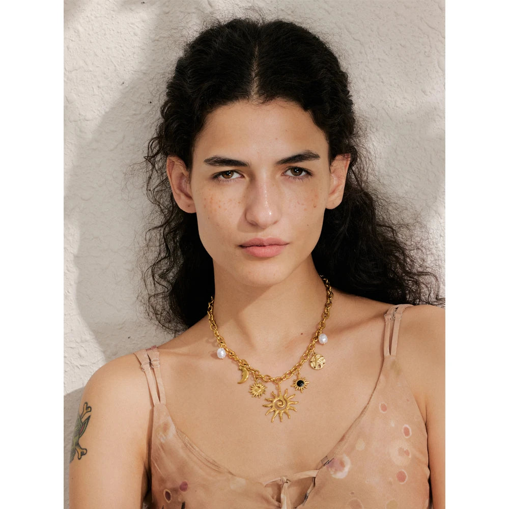 Starfish Moon Sun Pendant Necklace - Statement Golden Chain PVD Plated