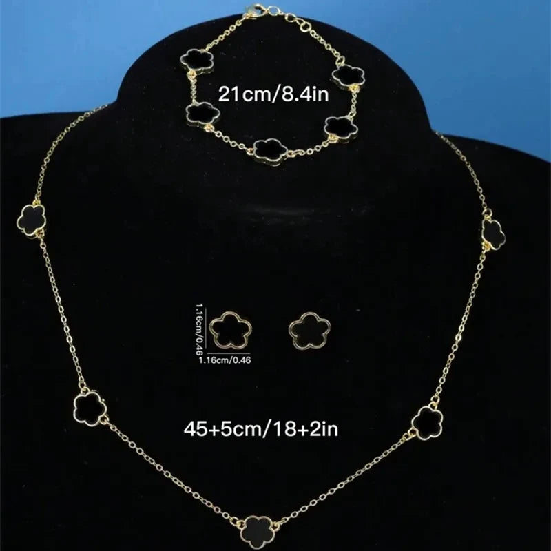 “Lucky Bloom” 3-Piece Set — Necklace, Earrings & Bracelet with 5-Petal Flower & Clover Charm for Confidence, Gifts & Good Vibes Only