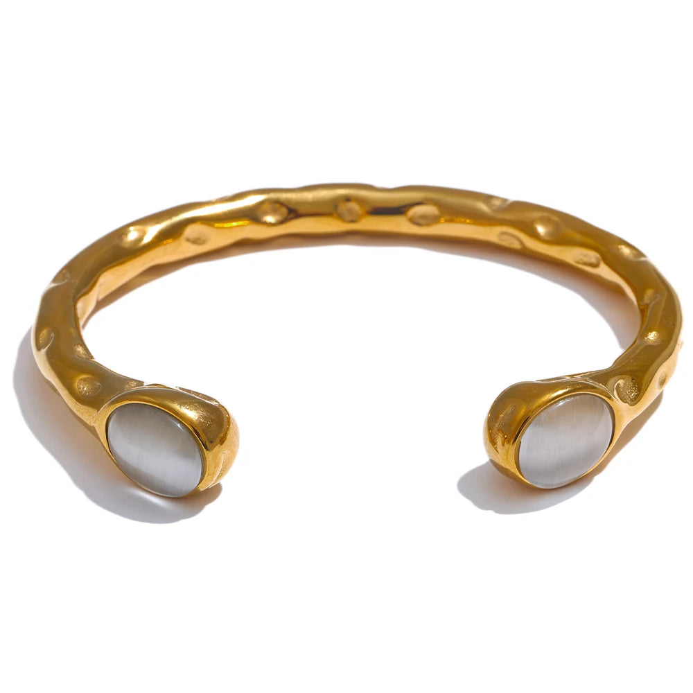 Natural Stone Golden Cuff Bracelet - Multicolored Open Bangle for Women
