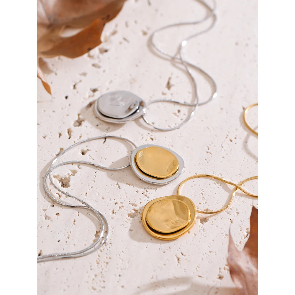 Double Round Pendant Necklace - Water Resistant Gold Stainless Steel
