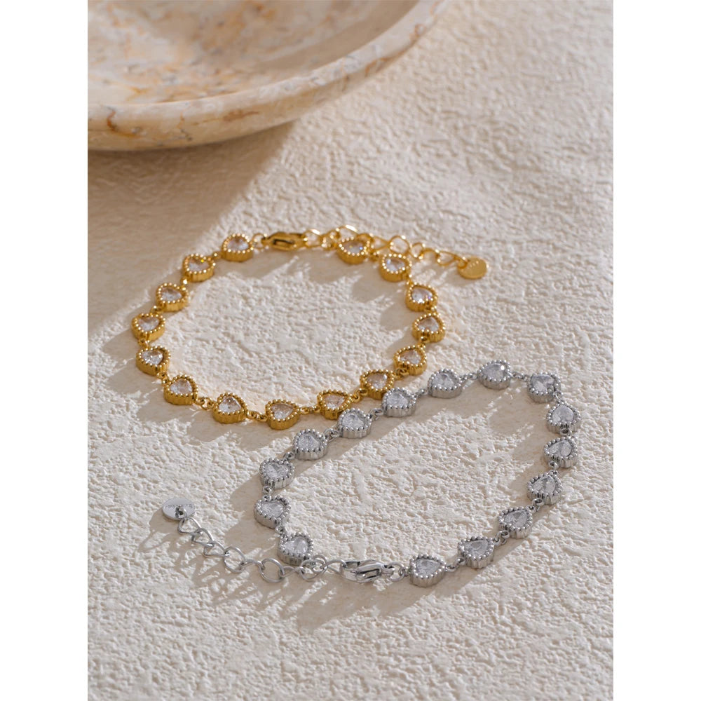 Heart Cubic Zirconia Waterproof Bracelet - Stainless Steel Charm Bangle