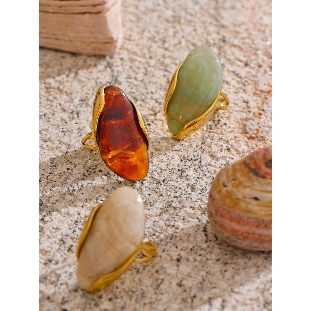 Geometric Resin Ring - Adjustable Brown Green Gold Plated Stainless Steel