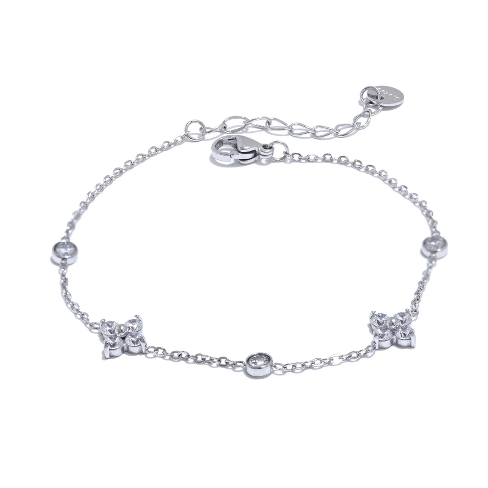 Delicate Cubic Zirconia Flower Chain Bracelet - Rust Proof Stainless Steel