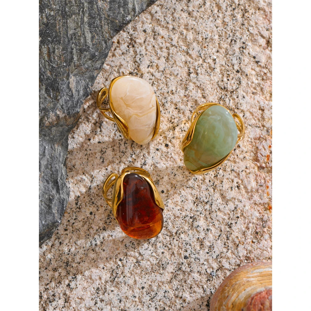 Geometric Resin Ring - Adjustable Brown Green Gold Plated Stainless Steel