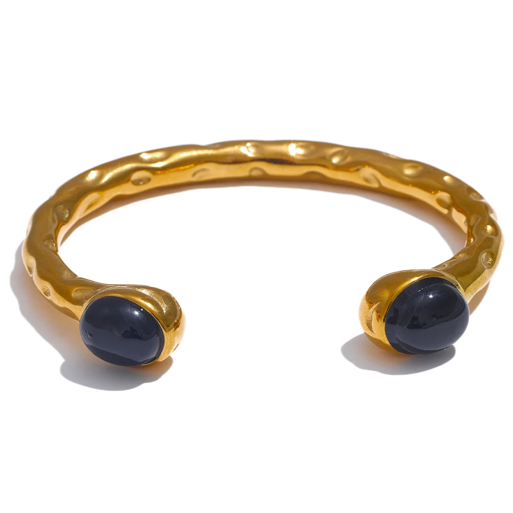 Natural Stone Golden Cuff Bracelet - Multicolored Open Bangle for Women