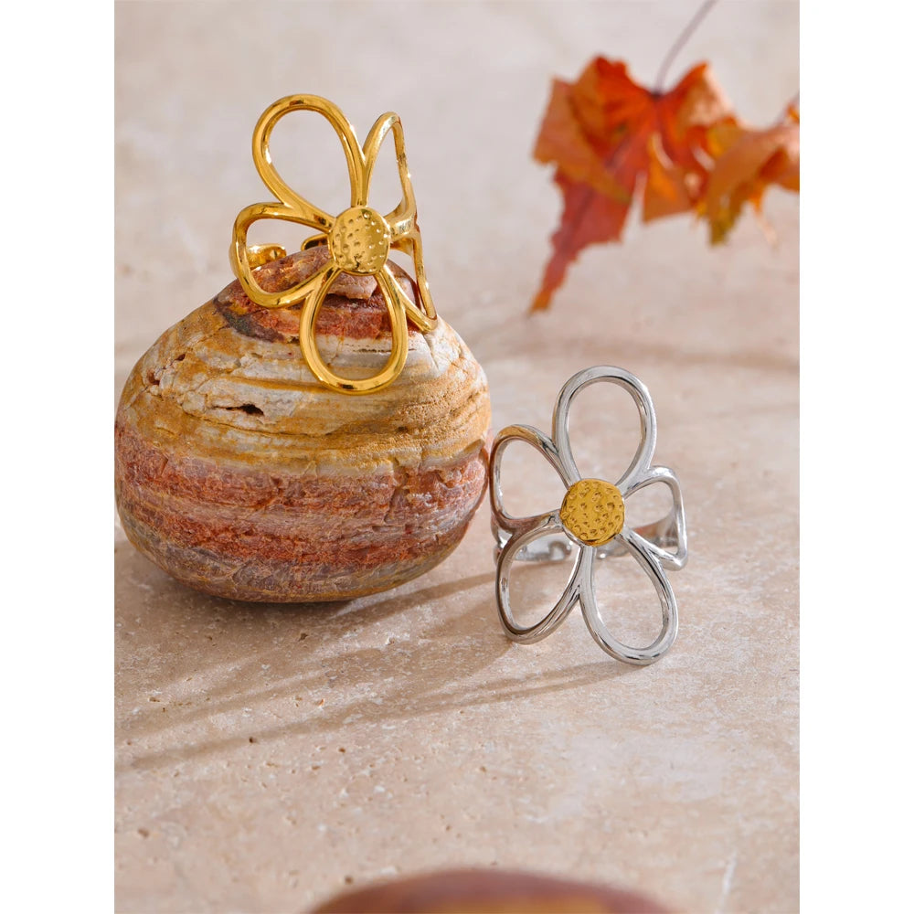 Metal Flower Adjustable Ring - Stainless Steel Rust Proof Fashion Ring