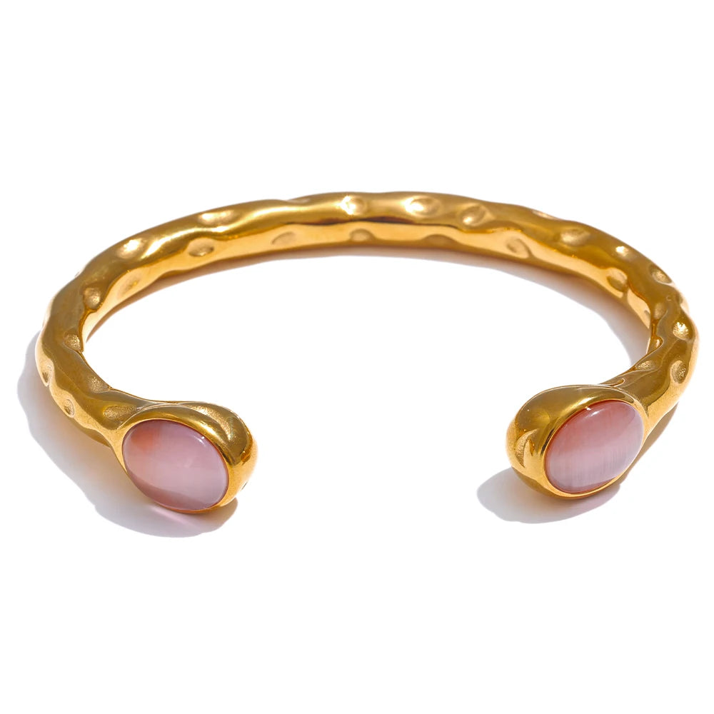 Natural Stone Golden Cuff Bracelet - Multicolored Open Bangle for Women