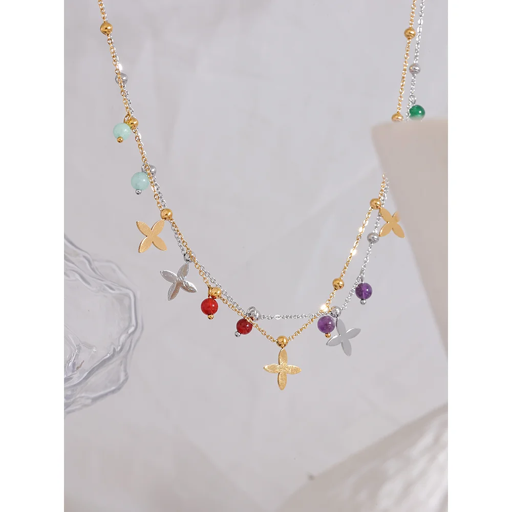 Natural Stone Flower Necklace - Waterproof Gold Plated Stainless Steel Chain for Women