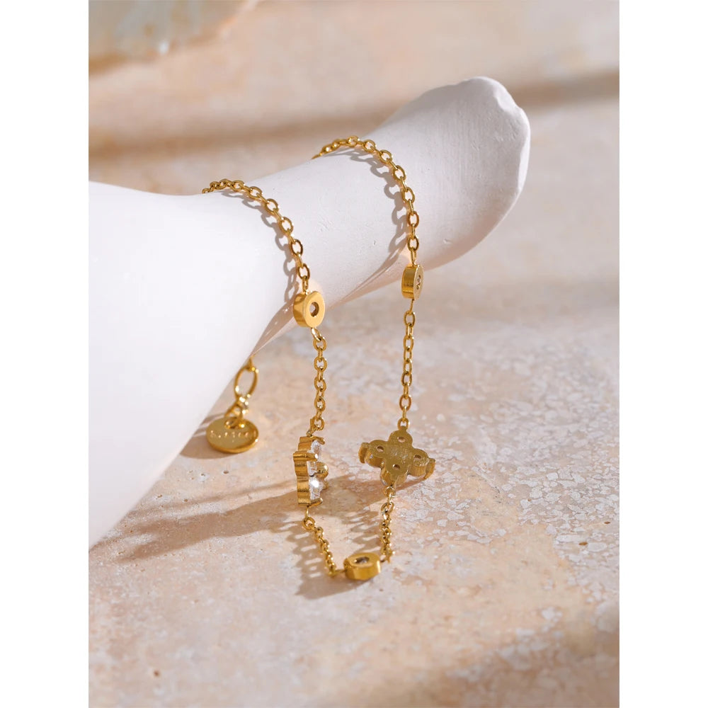 Delicate Cubic Zirconia Flower Chain Bracelet - Rust Proof Stainless Steel