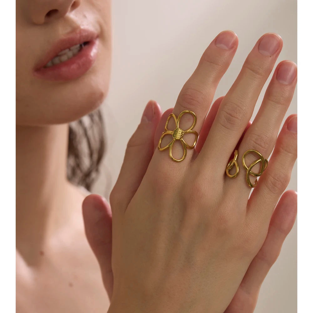 Metal Flower Adjustable Ring - Stainless Steel Rust Proof Fashion Ring
