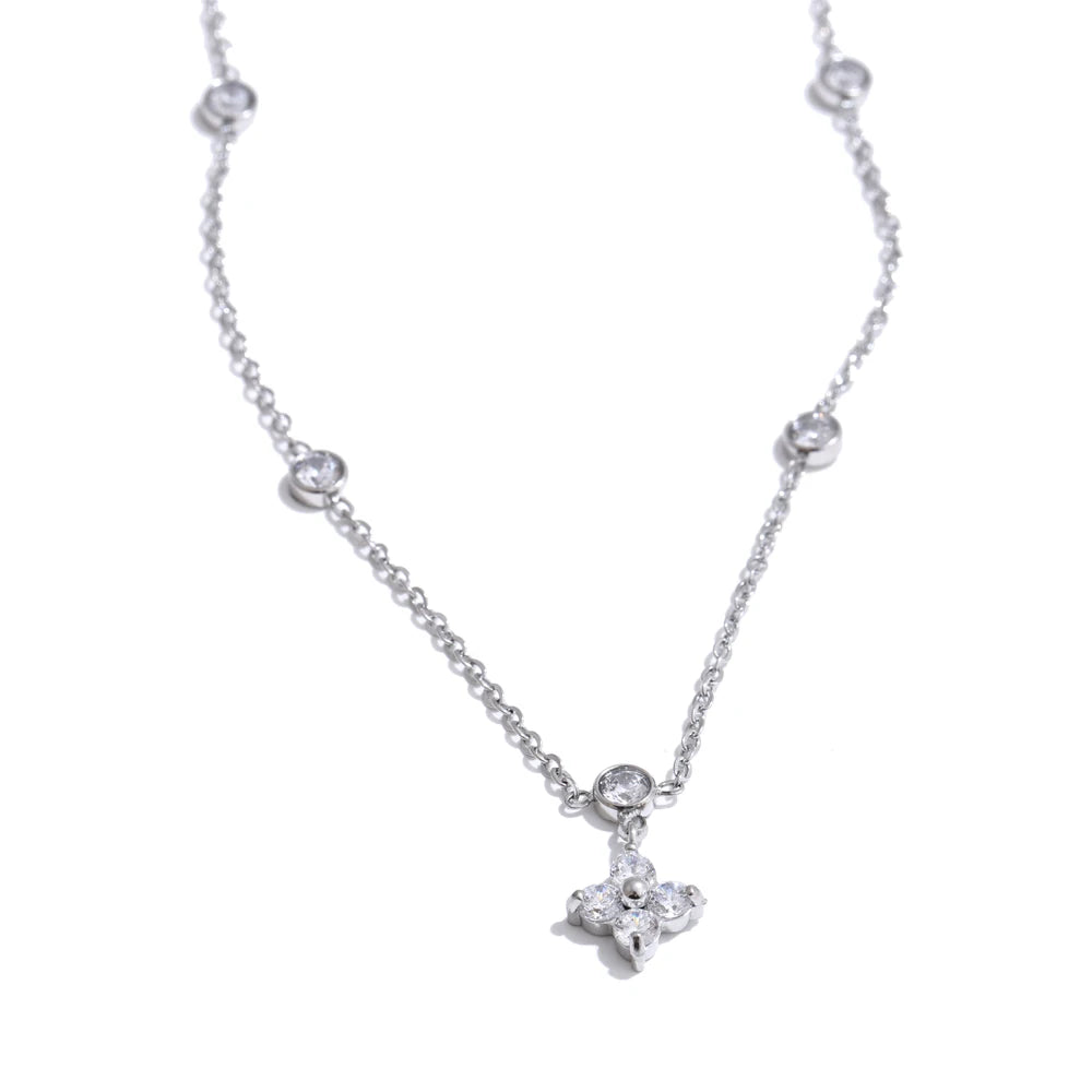 Cubic Zirconia Flower Pendant Necklace - Stainless Steel Delicate Daily Jewelry