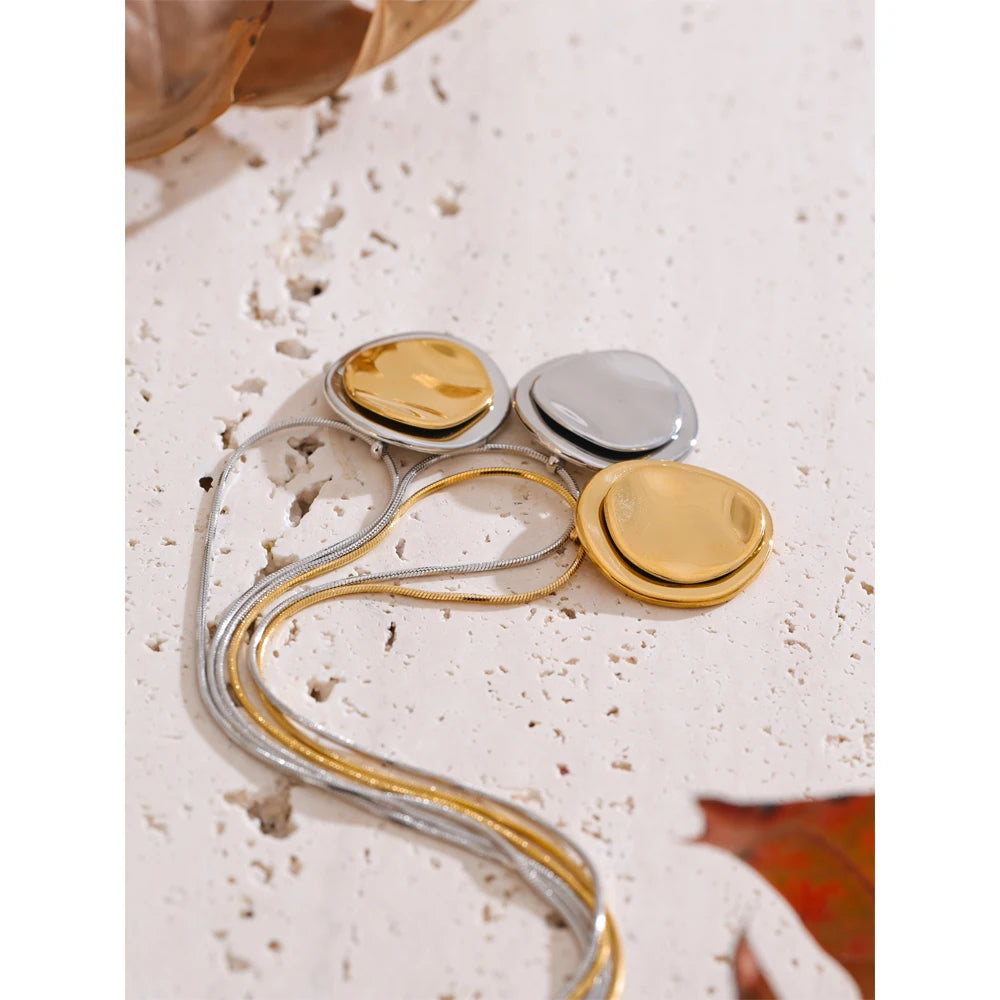 Double Round Pendant Necklace - Water Resistant Gold Stainless Steel