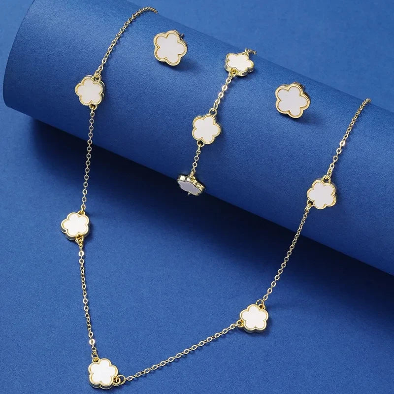 “Lucky Bloom” 3-Piece Set — Necklace, Earrings & Bracelet with 5-Petal Flower & Clover Charm for Confidence, Gifts & Good Vibes Only