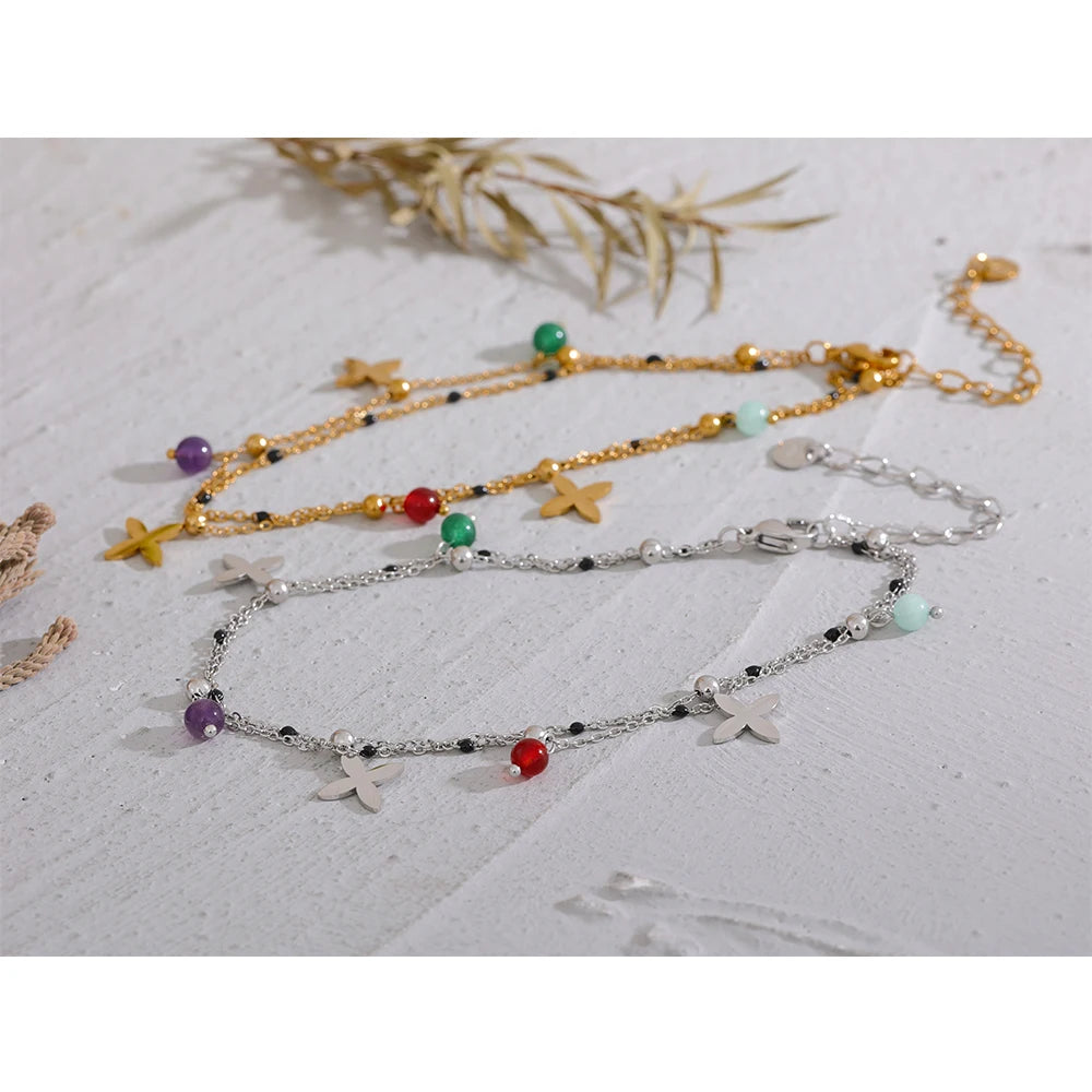 Colorful Natural Stone Bead Flower Chain Stainless Steel Beach Anklet for Women Exquisite Summer Jewelry Bijoux Femme