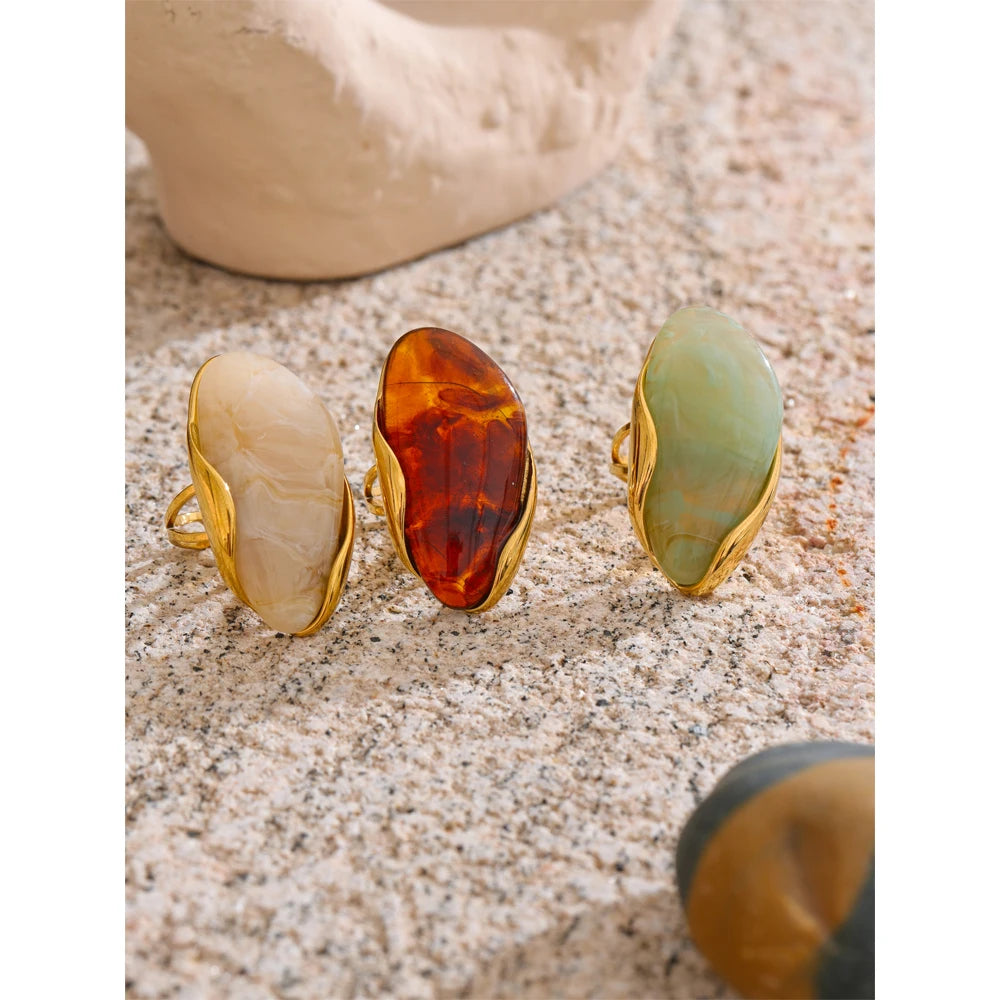 Geometric Resin Ring - Adjustable Brown Green Gold Plated Stainless Steel