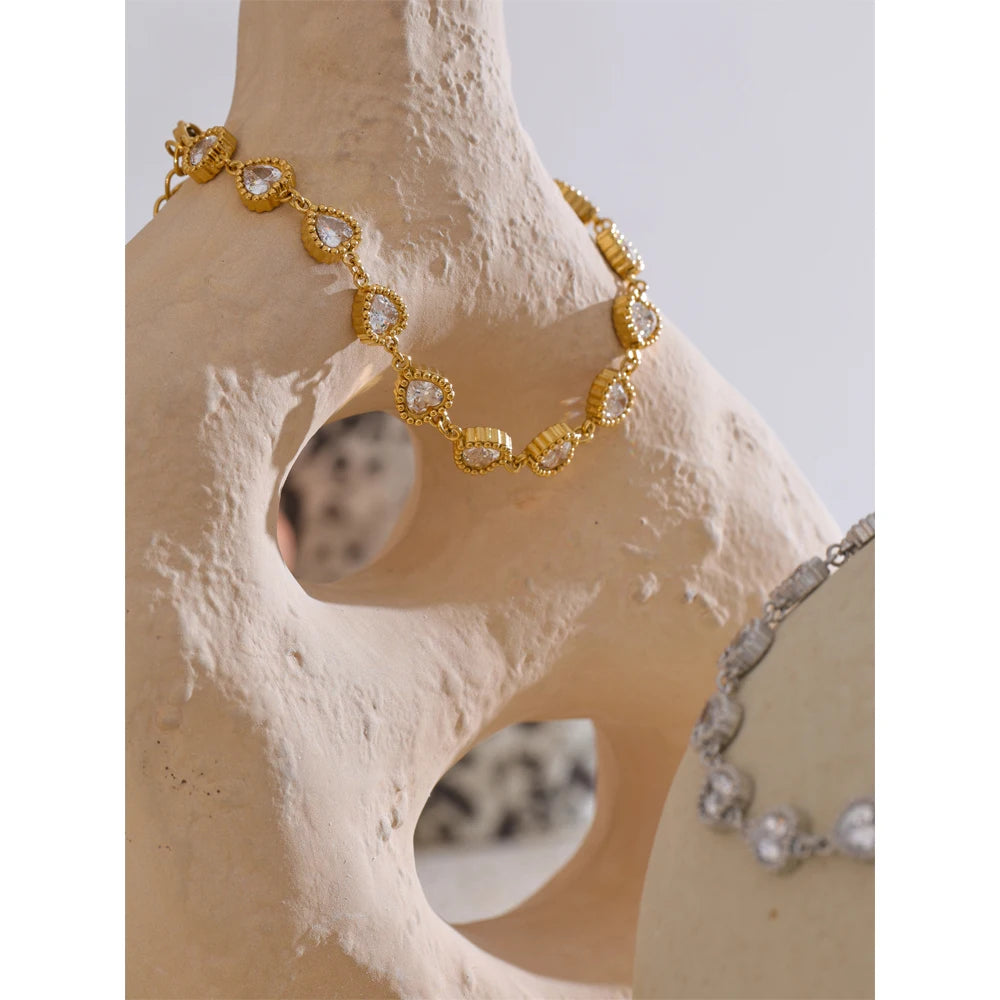 Heart Cubic Zirconia Waterproof Bracelet - Stainless Steel Charm Bangle