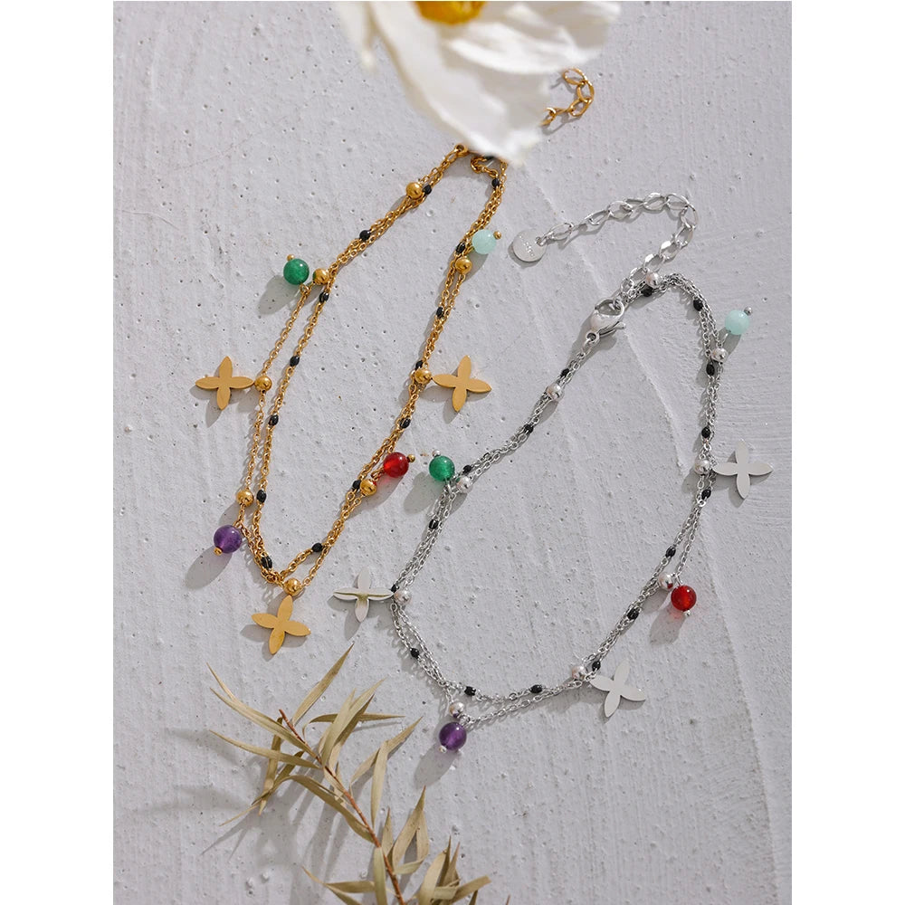 Colorful Natural Stone Bead Flower Chain Stainless Steel Beach Anklet for Women Exquisite Summer Jewelry Bijoux Femme