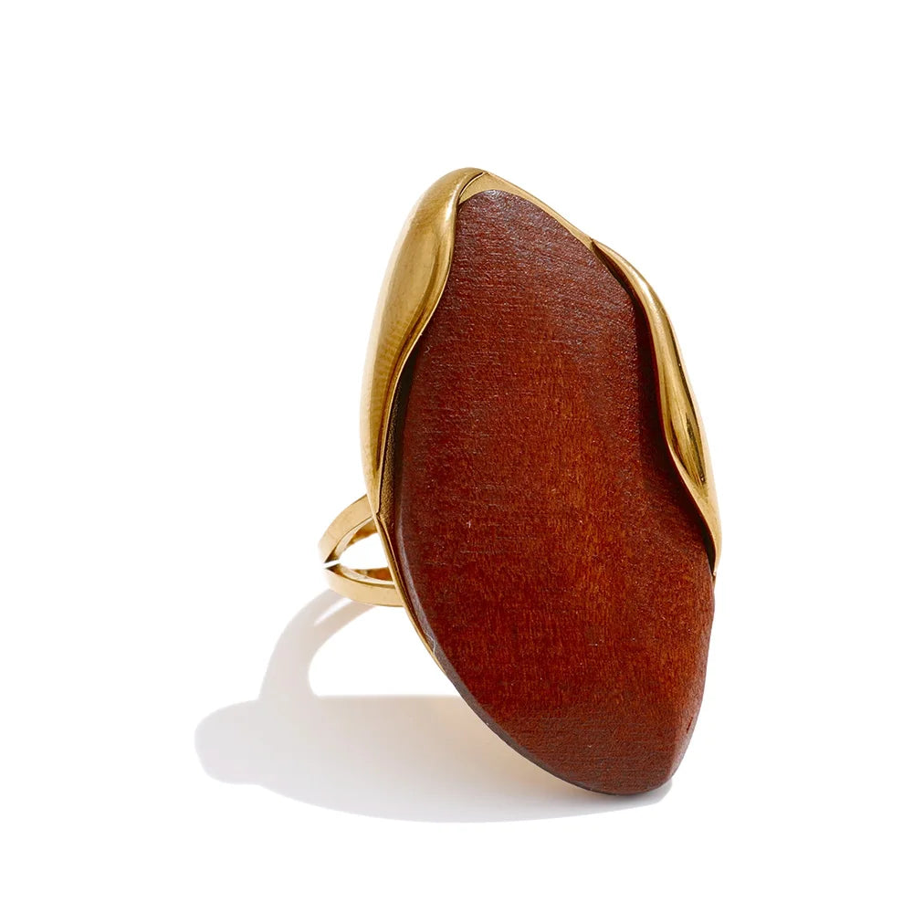 Geometric Resin Ring - Adjustable Brown Green Gold Plated Stainless Steel