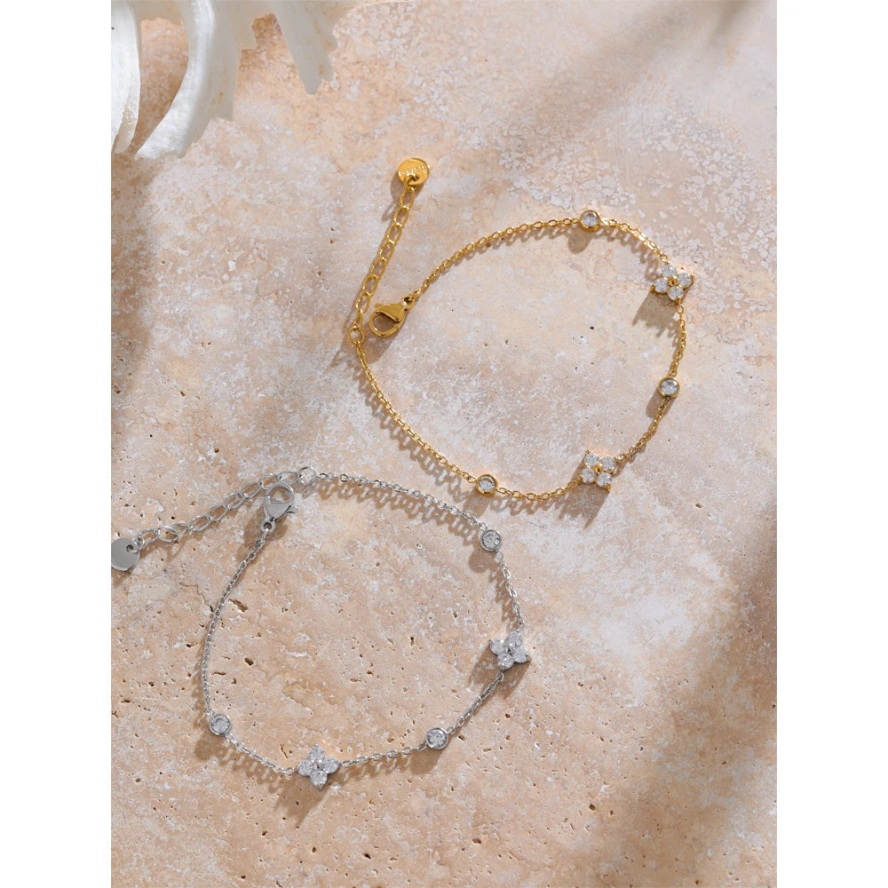 Delicate Cubic Zirconia Flower Chain Bracelet - Rust Proof Stainless Steel