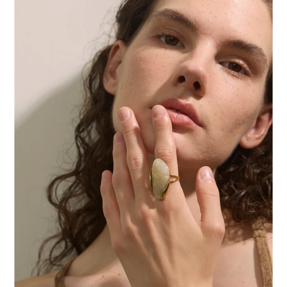 Geometric Resin Ring - Adjustable Brown Green Gold Plated Stainless Steel