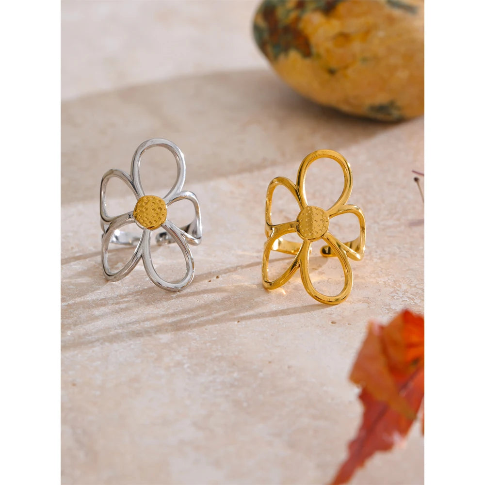 Metal Flower Adjustable Ring - Stainless Steel Rust Proof Fashion Ring