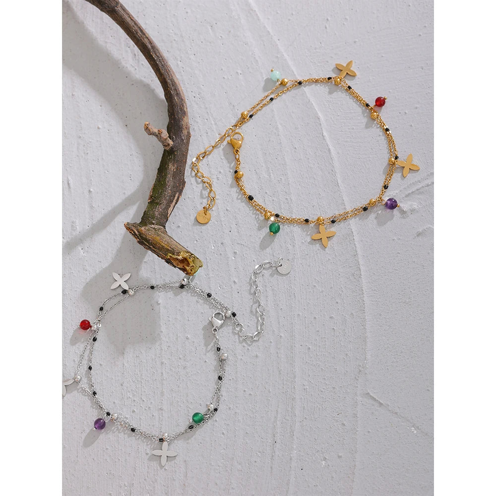 Colorful Natural Stone Bead Flower Chain Stainless Steel Beach Anklet for Women Exquisite Summer Jewelry Bijoux Femme