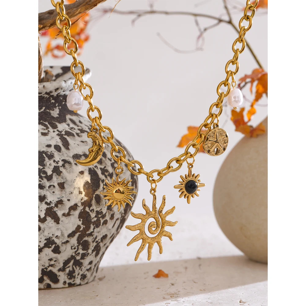 Starfish Moon Sun Pendant Necklace - Statement Golden Chain PVD Plated