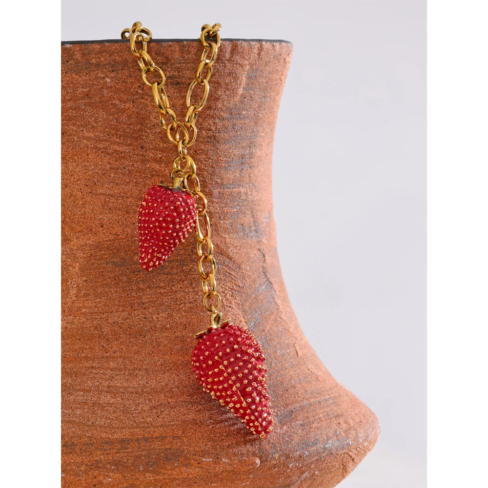 Sweet Strawberry Charm Necklace - Waterproof Gold Plated Pendant for Women