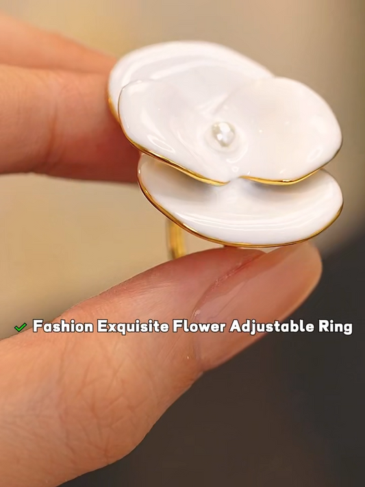 White Enamel Flower Ring - PVD Gold Plated Adjustable