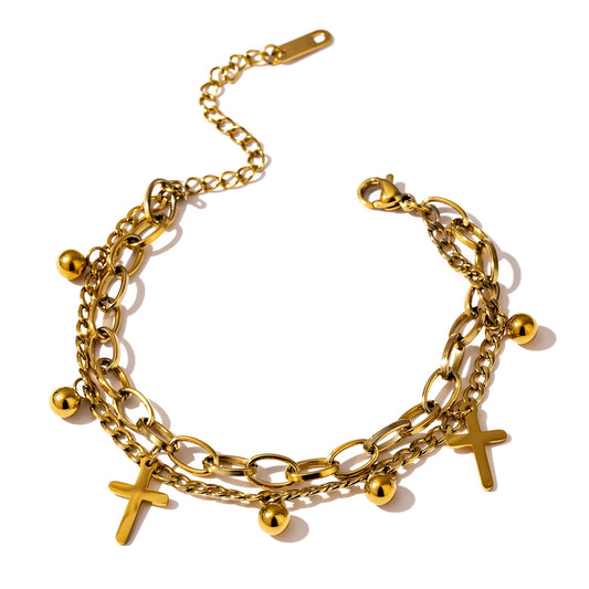 Cross Layered Bracelet - 14K Gold Plated Stainless Steel Charm Jewelry for Women