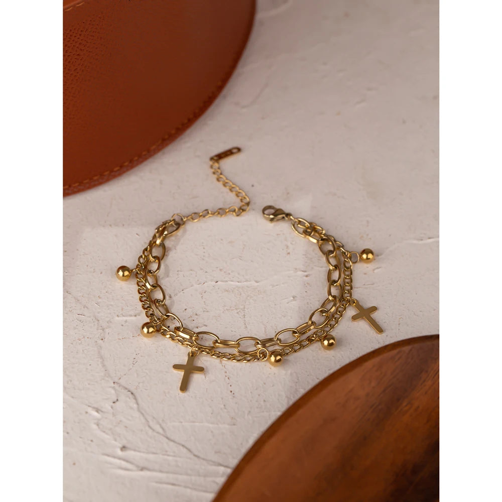 Cross Layered Bracelet - 14K Gold Plated Stainless Steel Charm Jewelry for Women