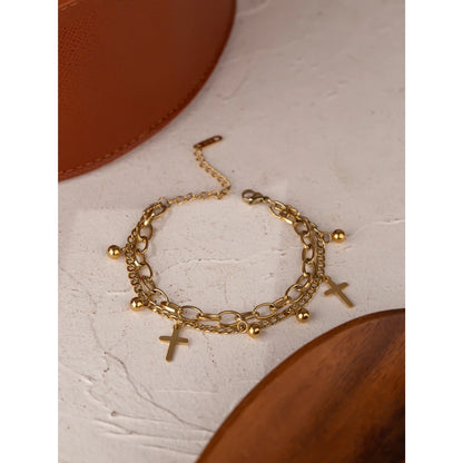 Cross Layered Bracelet - 14K Gold Plated Stainless Steel Charm Jewelry for Women