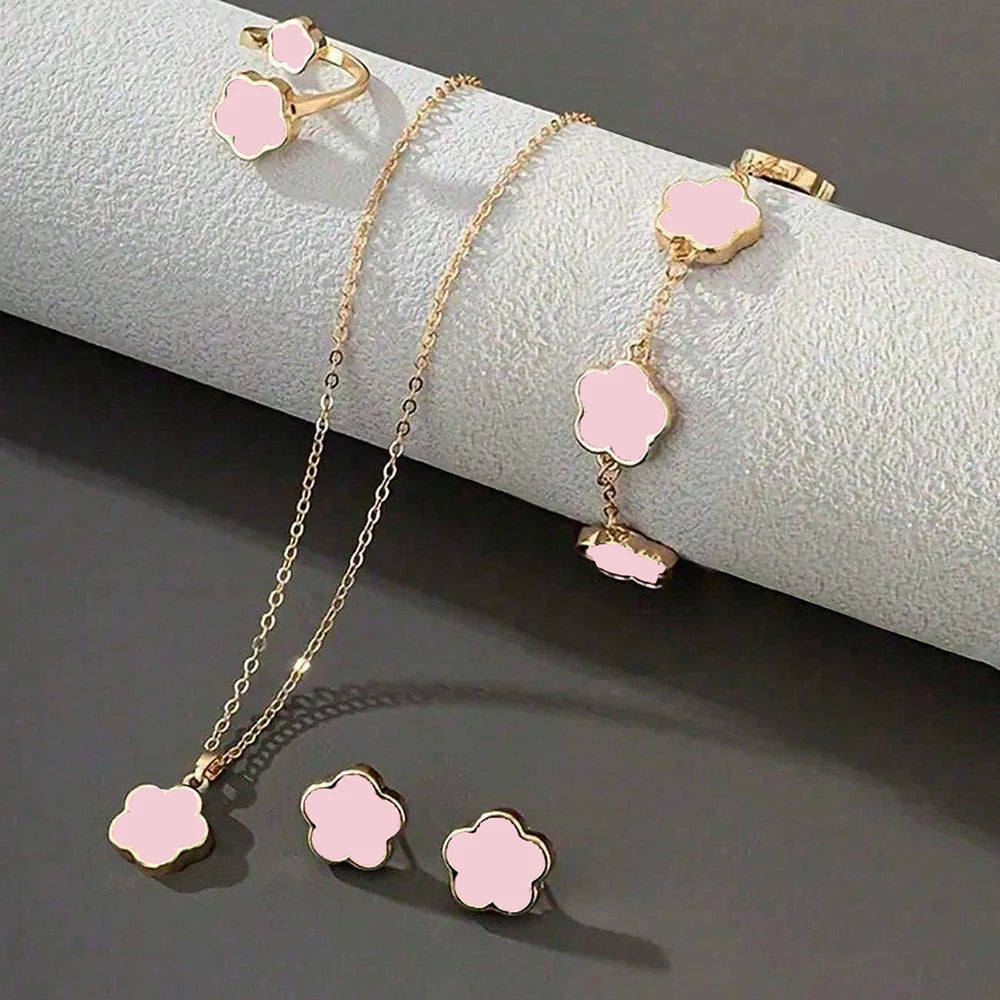 “Lucky Bloom” 3-Piece Set — Necklace, Earrings & Bracelet with 5-Petal Flower & Clover Charm for Confidence, Gifts & Good Vibes Only